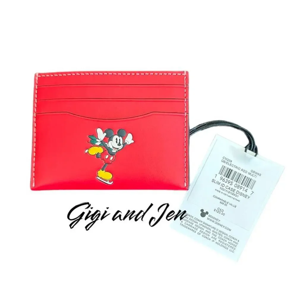 Coach Disney Mickey Unisex Slim Id Card Case With Winter Motif Elictric Red